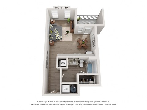 Studio apartment floor plan at Plat 10 Living in Windsor CO featuring an efficient open layout and modern design.